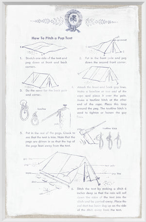 How to Pitch a Pup Tent instructional wall art featuring illustrated steps and text.