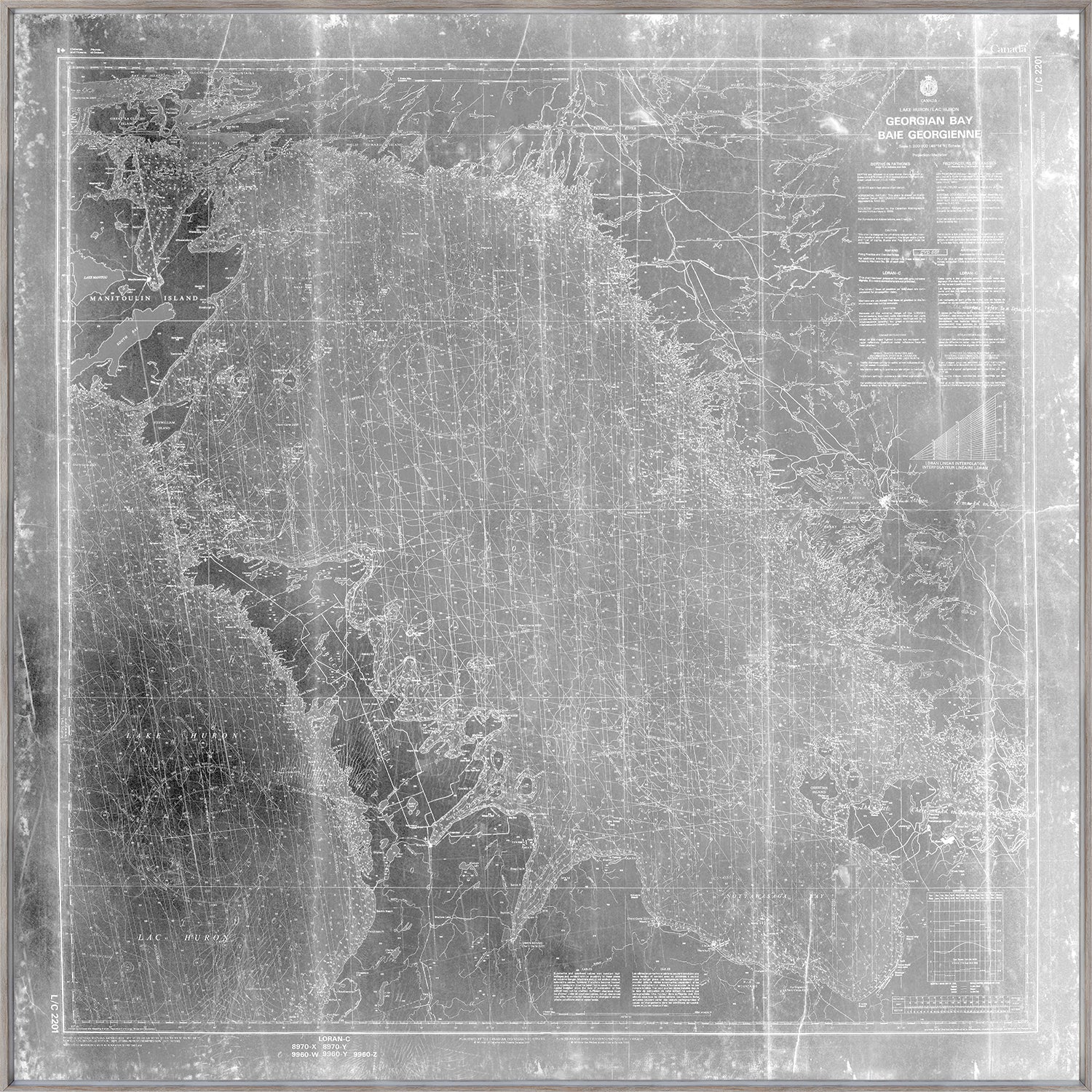 Georgian Bay Nautical Chart wall art in black and white, detailed map with nautical lines and labels.