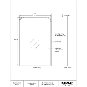 Diagram of Jackline mirror detailing dimensions and features, including a matte black frame.