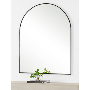 Lamia mirror with an arched top, featuring a sleek black frame, displayed above a concrete surface with a small plant and books.
