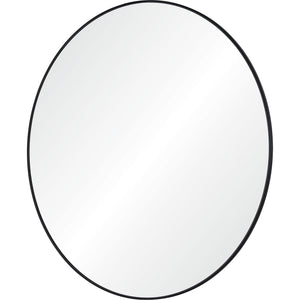 Cori mirror by Renwil, round shape with a sleek black frame, reflecting light.