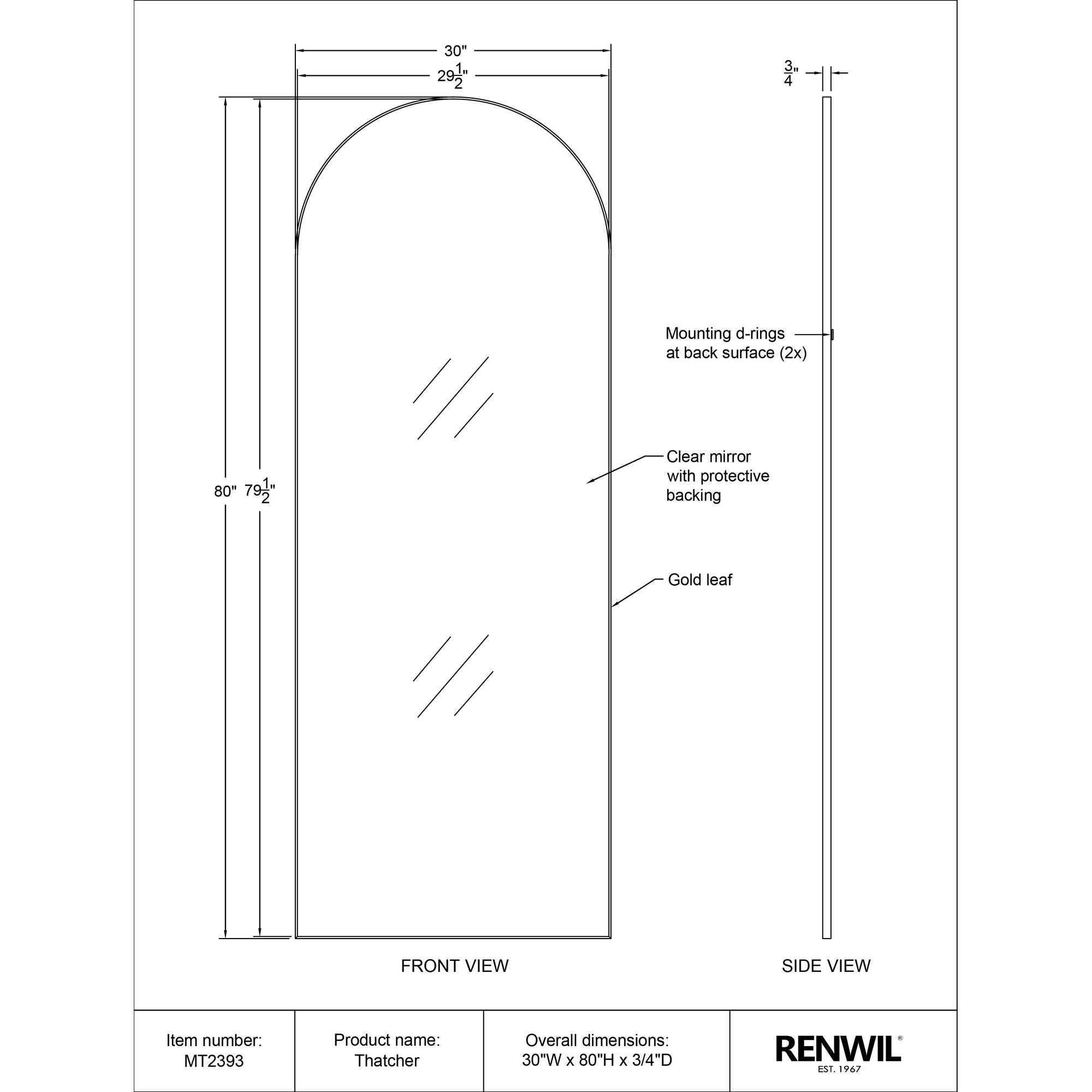 Diagram of Thatcher mirror showing front and side views with dimensions and features.