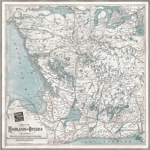 Map of the Highlands of Ontario featuring detailed topography and waterways in blue and beige.