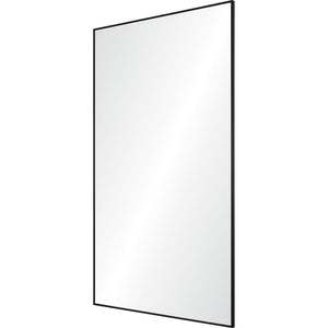 Keene mirror with a sleek black frame, showcasing a clear reflective surface from a side angle.