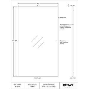 Keene mirror technical drawing detailing dimensions and features, including a matte black frame.