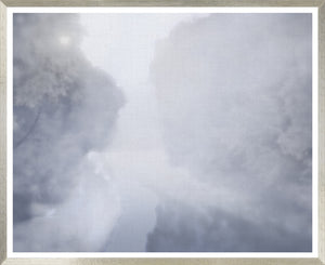 Chambray Haze wall art featuring a soft, foggy landscape in muted gray tones.