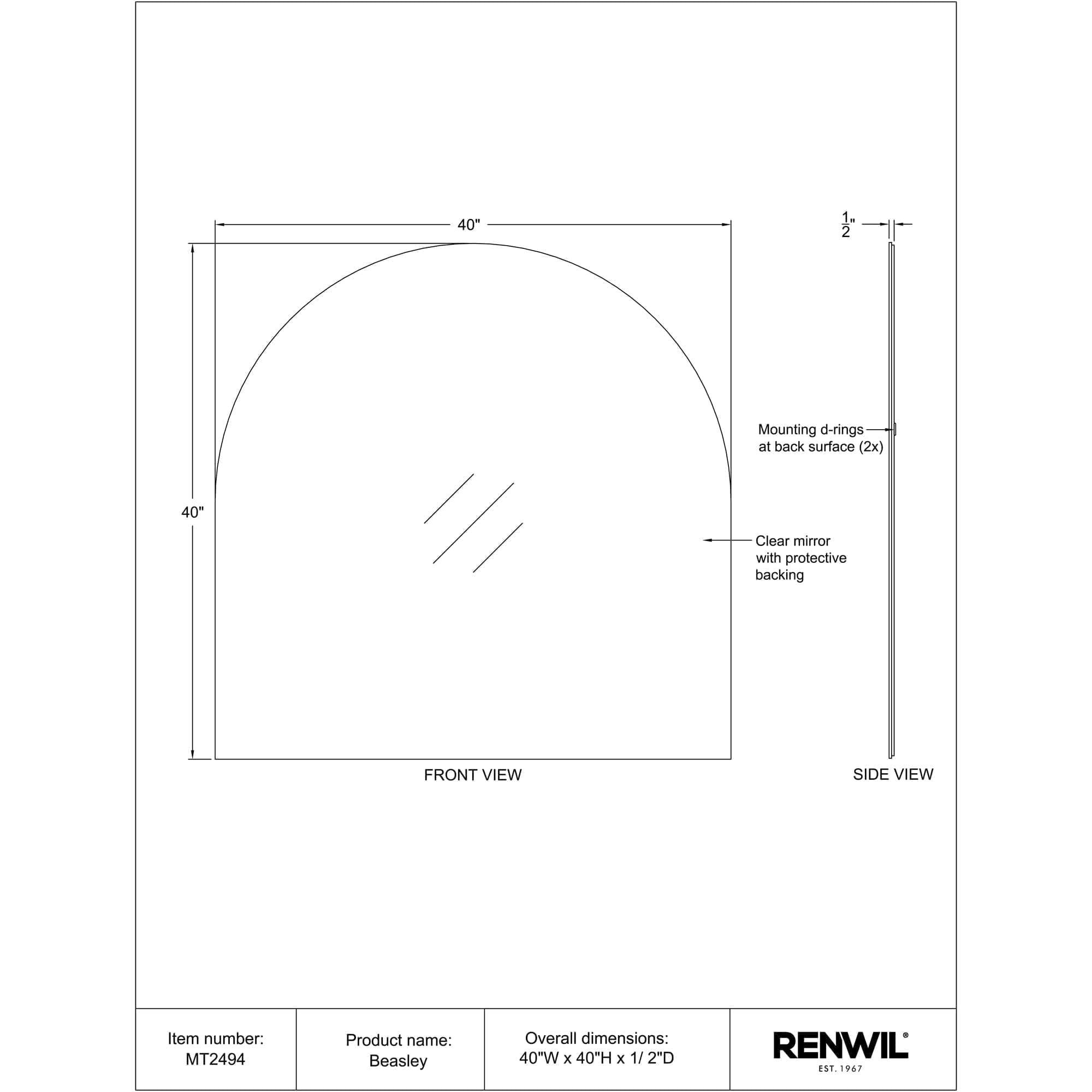 Diagram of Beasley mirror showing front and side views with dimensions and mounting details.