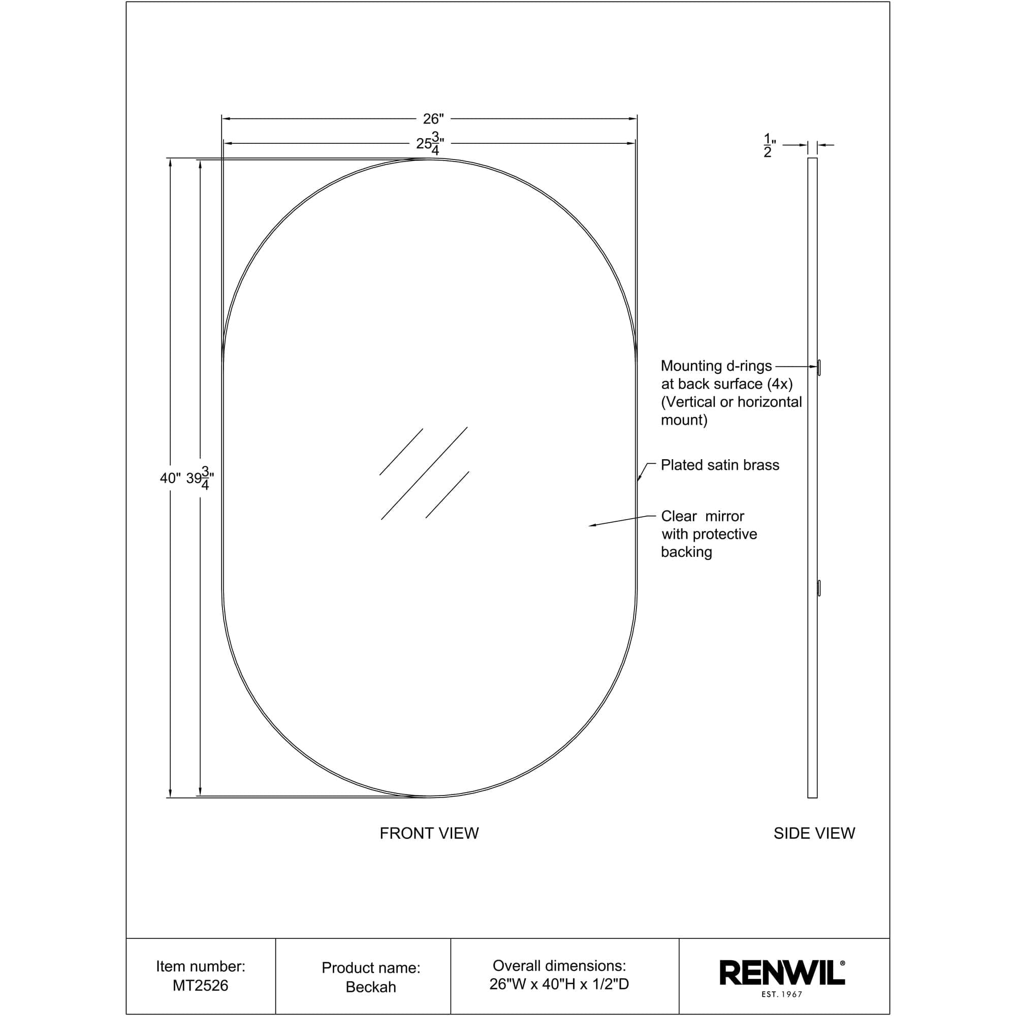 Beckah mirror by Renwil, technical drawing showing dimensions and mounting details.