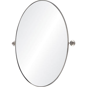 Azalea mirror with an oval shape and sleek silver frame, mounted on a wall.