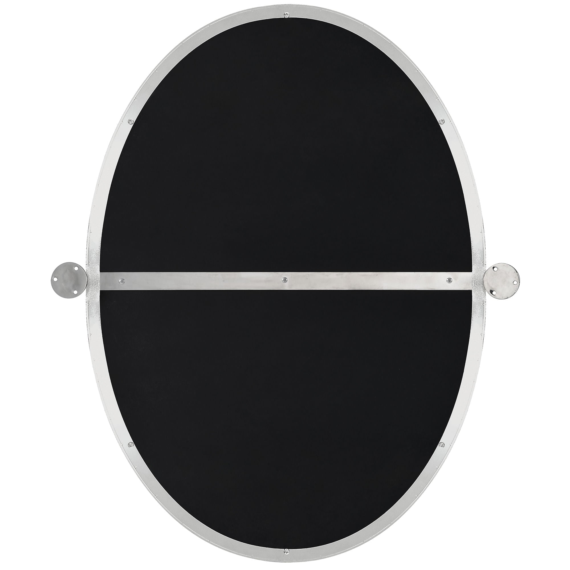 Backside of Azalea mirror with black surface and horizontal metal support bars.