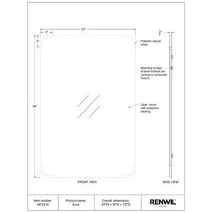 Eros mirror technical drawing showing front and side views with brass details.
