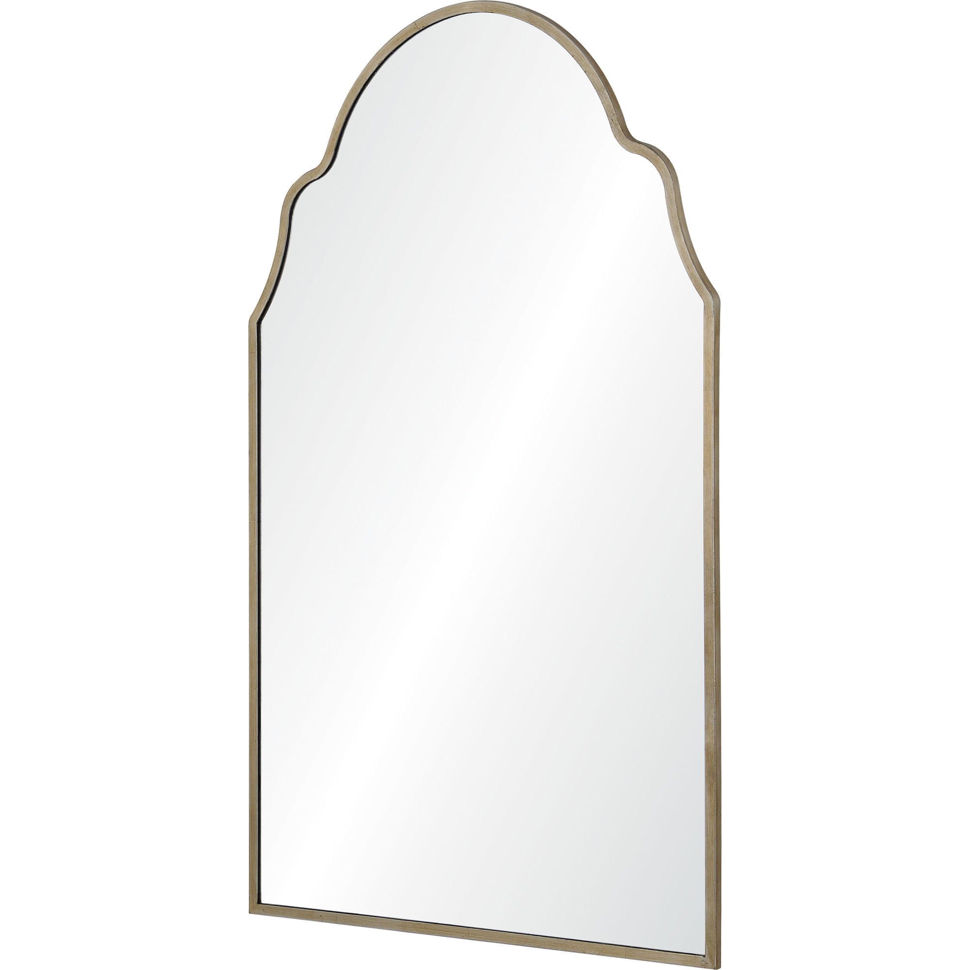 Natasha mirror with an arched top and a silver leaf frame, reflecting light.