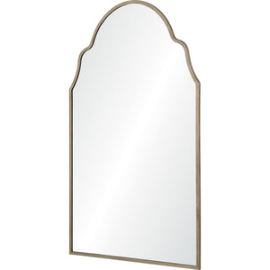 Natasha mirror with an arched top and a silver leaf frame, reflecting light.