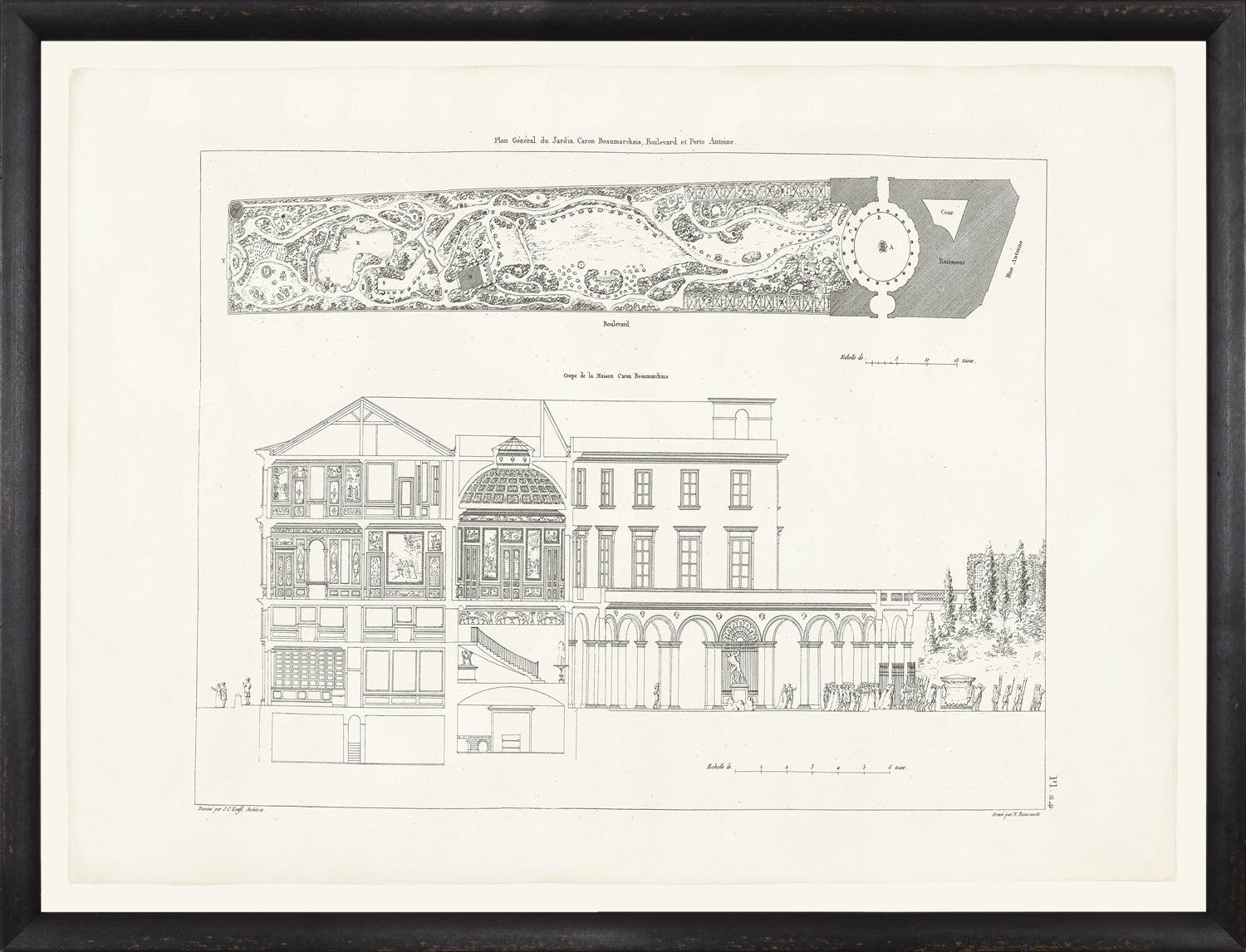 Parisienne Plan VII Circa 1745-1810 wall art featuring architectural drawings and garden plans.