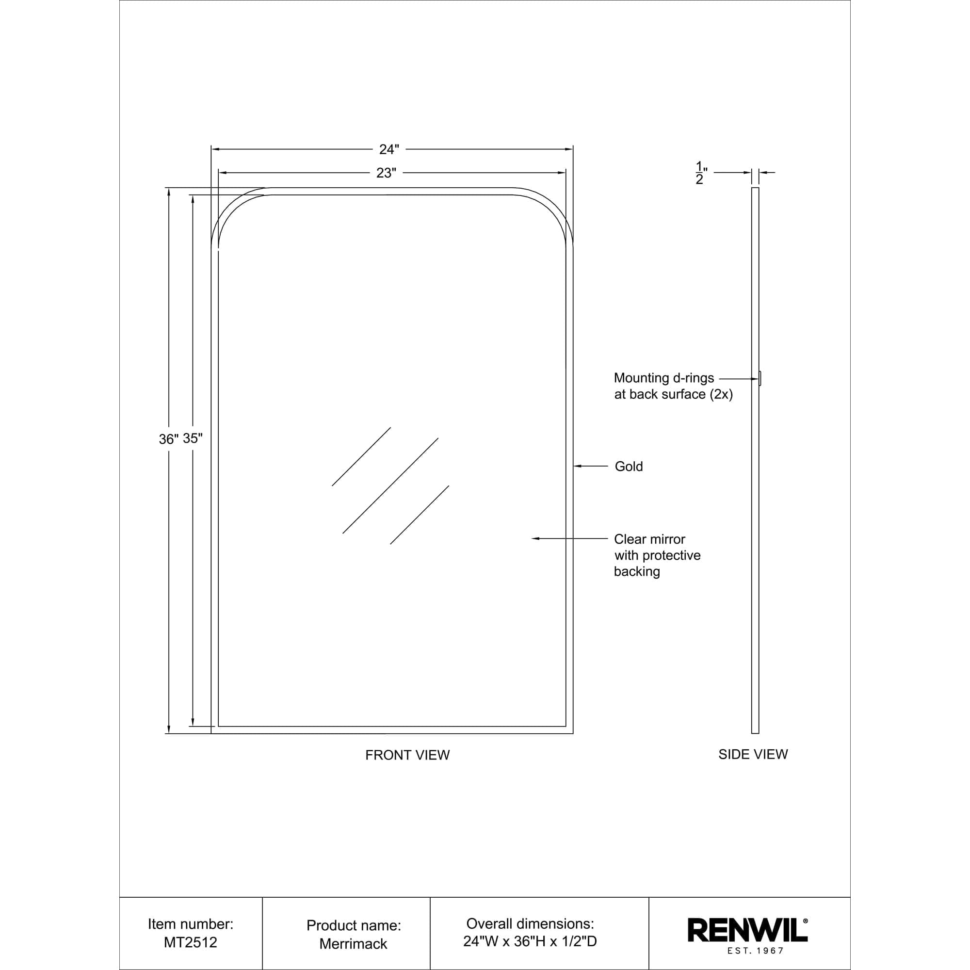 Diagram of Merrimack mirror showing front and side views with dimensions and details.
