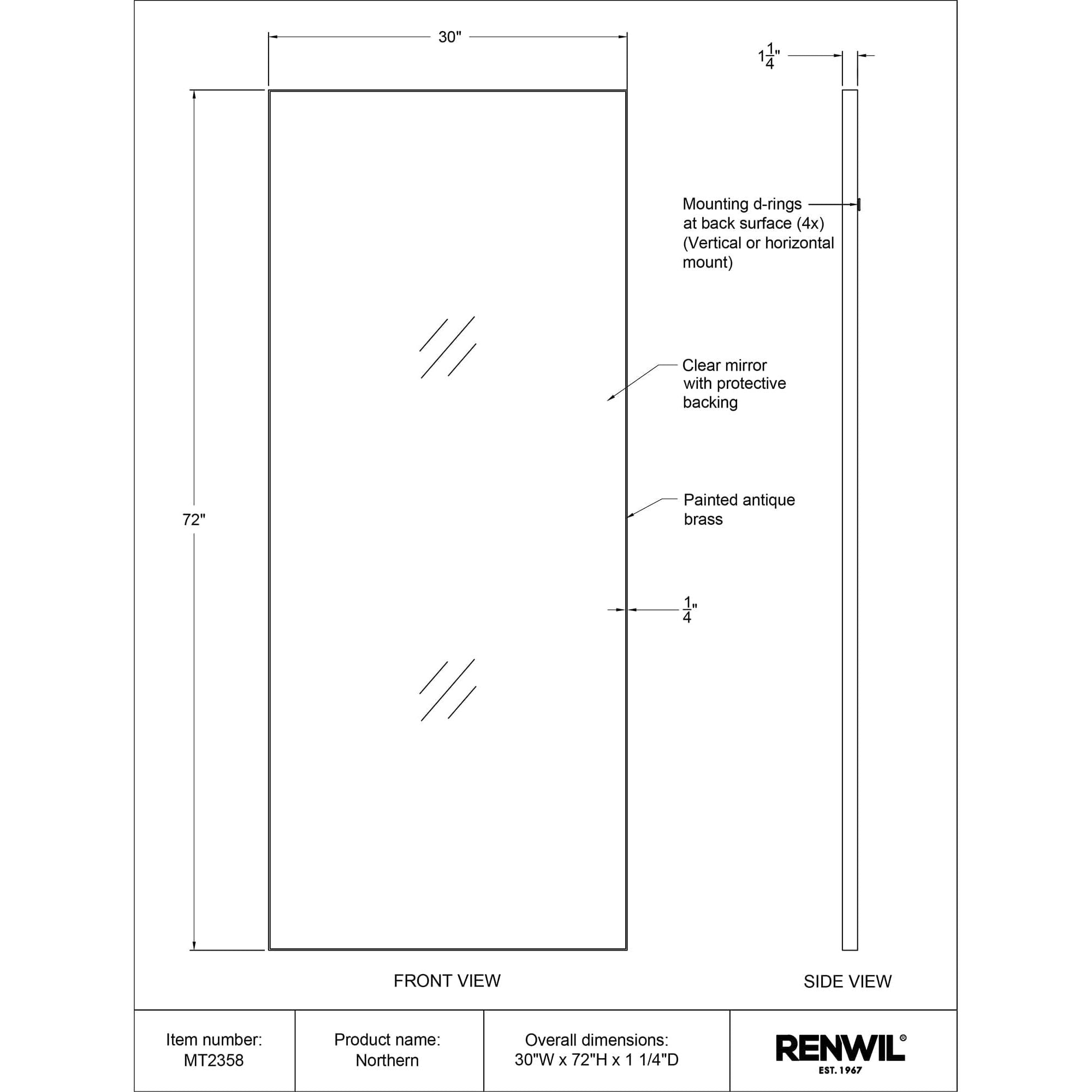 Diagram of Northern mirror showing front and side views with mounting details.