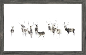 Silent Watch wall art featuring a group of deer in soft focus on a white background