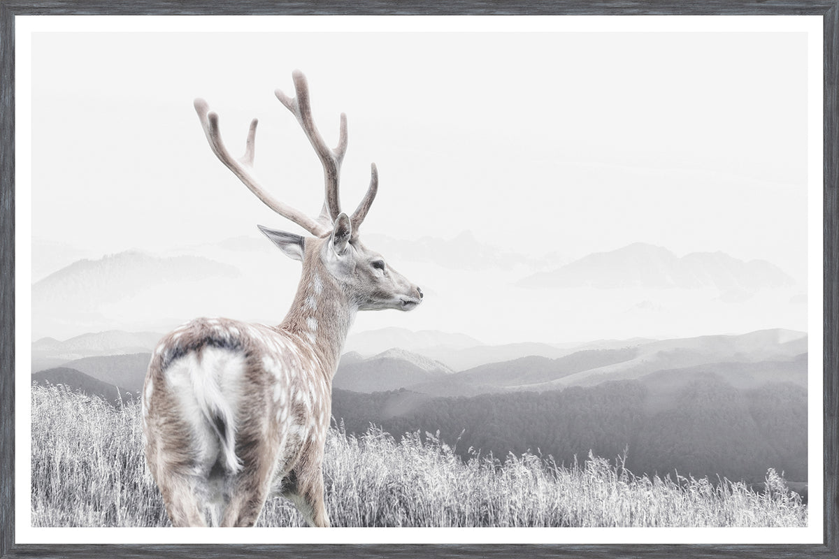 Range wall art featuring a deer overlooking mountains in a monochrome palette