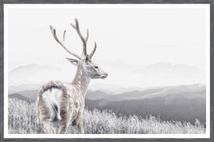 Range wall art featuring a deer overlooking mountains in a monochrome palette