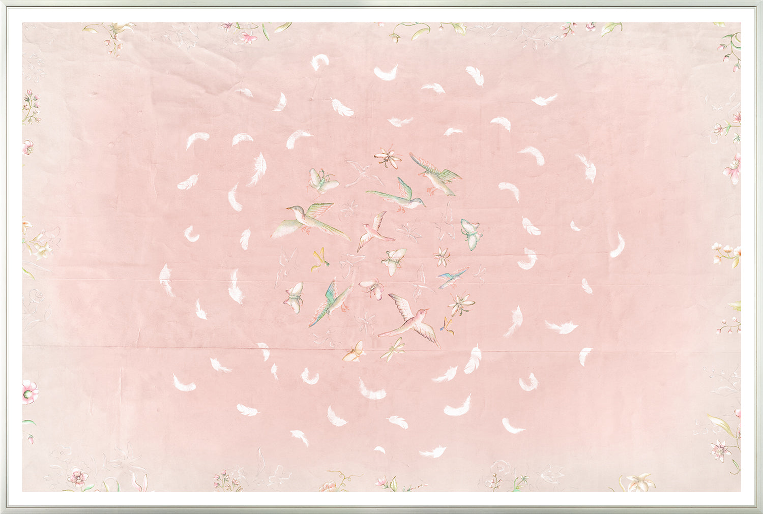 Winged Circus wall art featuring pastel pink background with birds and floral designs