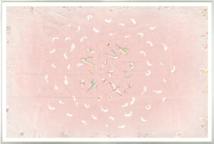 Winged Circus wall art featuring pastel pink background with birds and floral designs