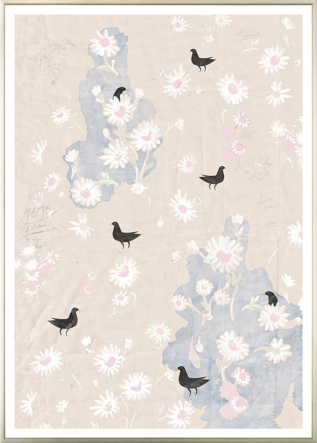Oiseaux Noirs sur Crème wall art featuring black birds and floral patterns on a cream background.
