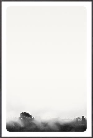 Genesis V wall art featuring a minimalist black and white landscape with fog