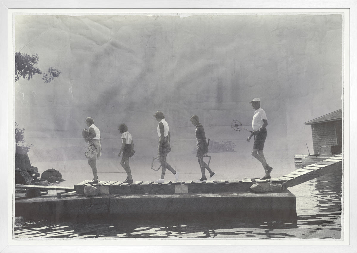 Indigo Stained – Morning Tennis wall art featuring five people walking on a dock.