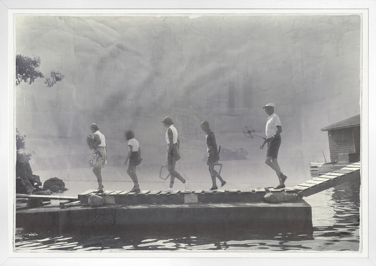 Indigo Stained – Morning Tennis wall art featuring five people walking on a dock.