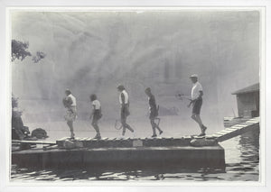 Indigo Stained – Morning Tennis wall art featuring five people walking on a dock.