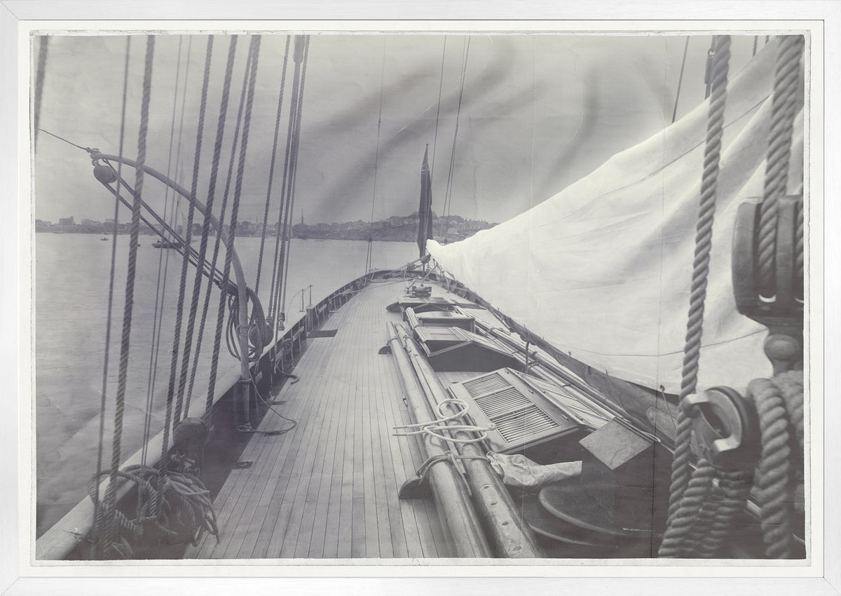 Indigo Stained – Deck of Galatea wall art featuring a vintage sailing ship on calm waters.