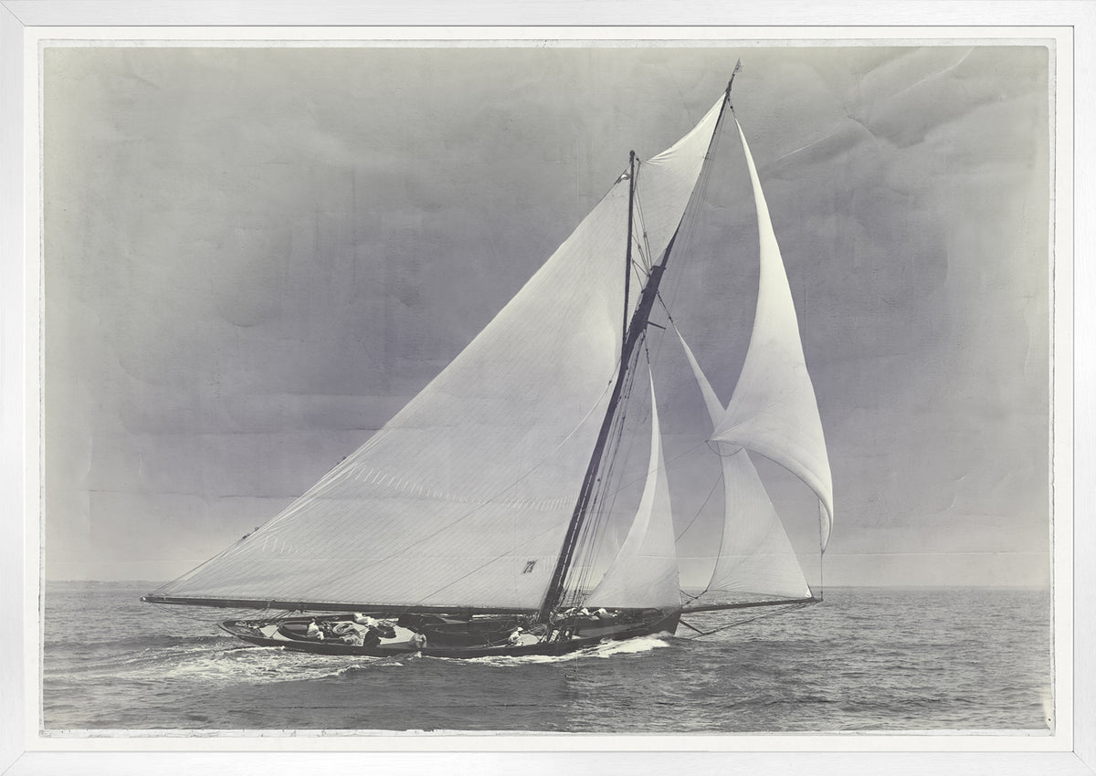 Indigo Stained – Yacht Huron wall art featuring a classic sailboat on the water.