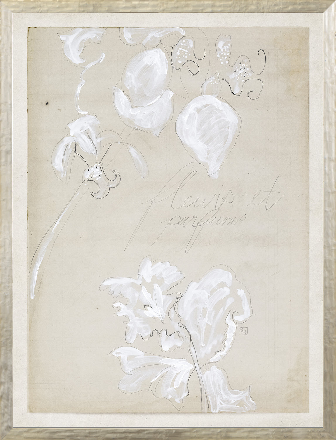 Restoration Paper XV wall art featuring white floral sketches on a beige background