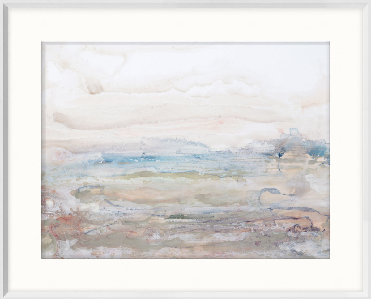 High Desert I wall art featuring soft watercolor landscape in muted tones of blue and beige.