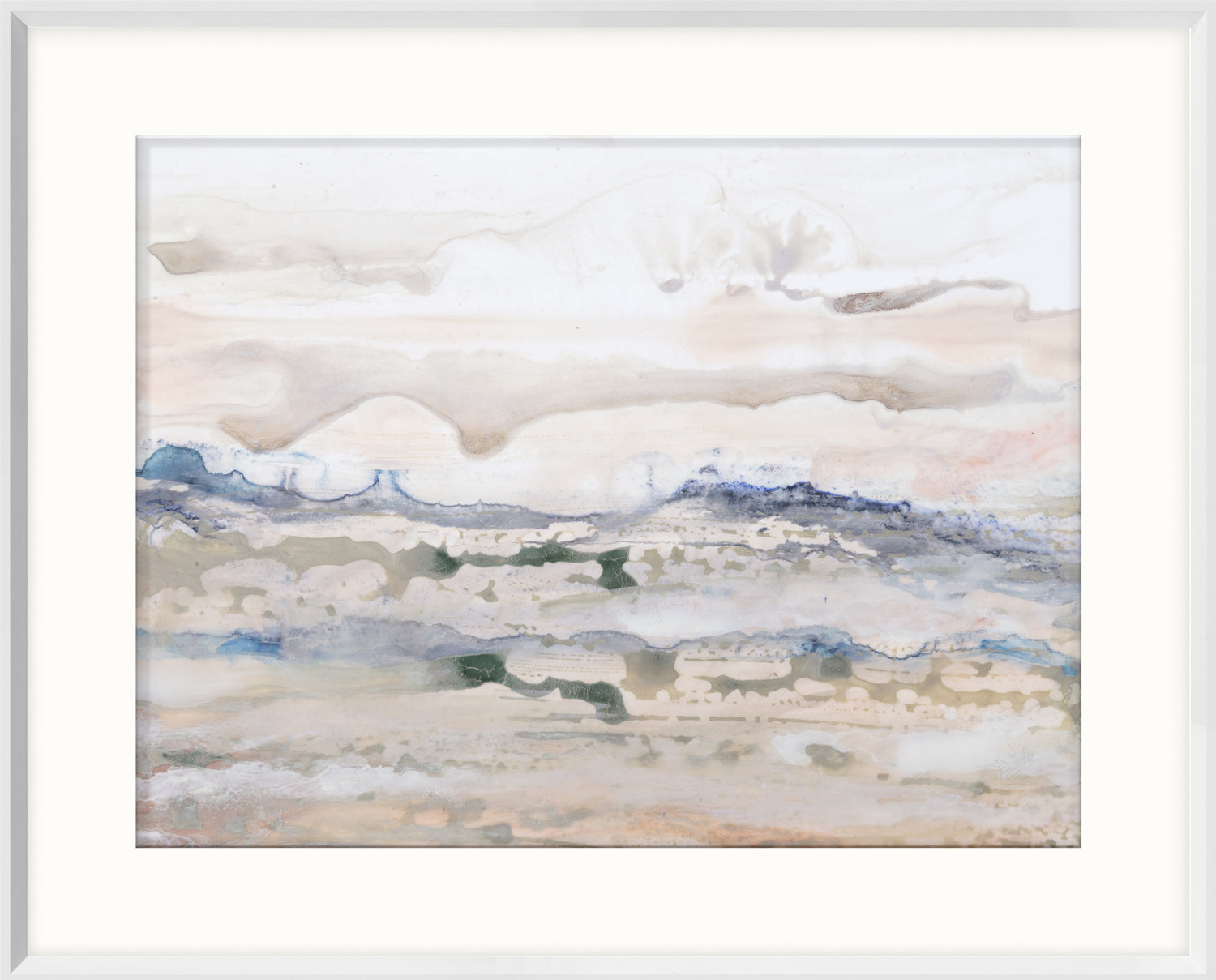 High Desert II wall art featuring abstract landscape in soft beige and blue tones, framed in white.