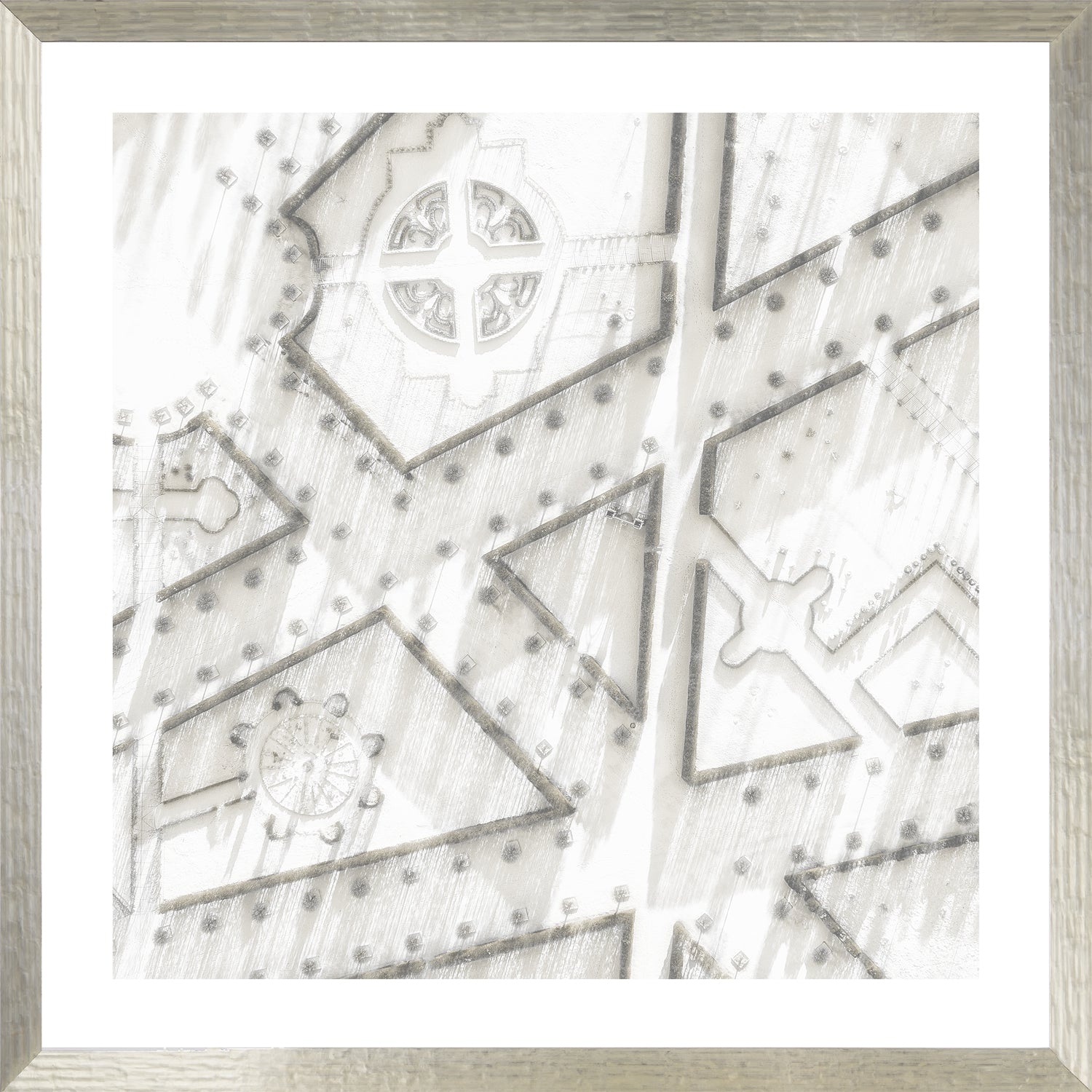 Rundale Palace III wall art featuring a detailed aerial view in soft gray tones.