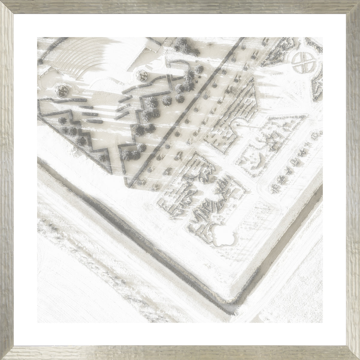 Rundale Palace IV wall art featuring an aerial view in soft gray tones, framed in a light silver frame.
