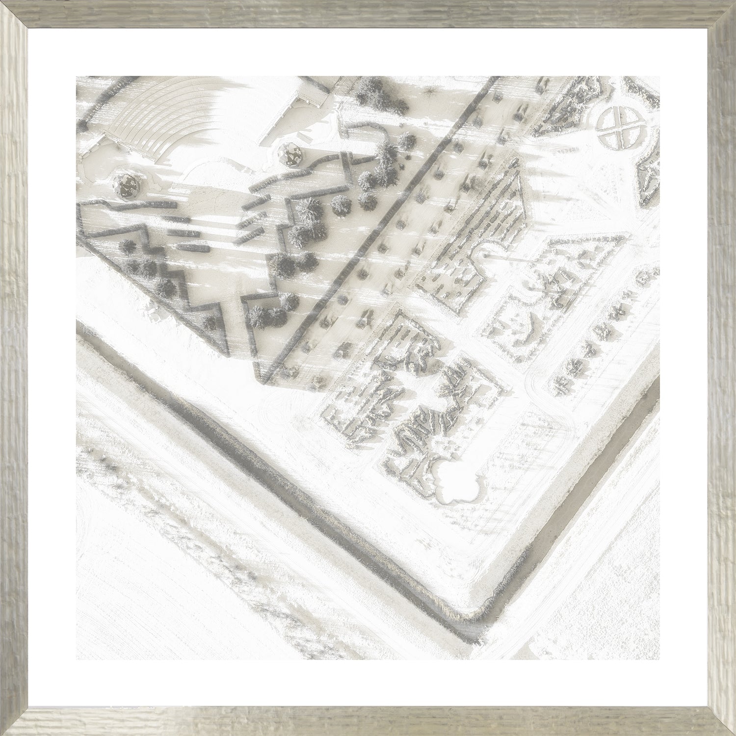 Rundale Palace IV wall art featuring an aerial view in soft gray tones, framed in a light silver frame.