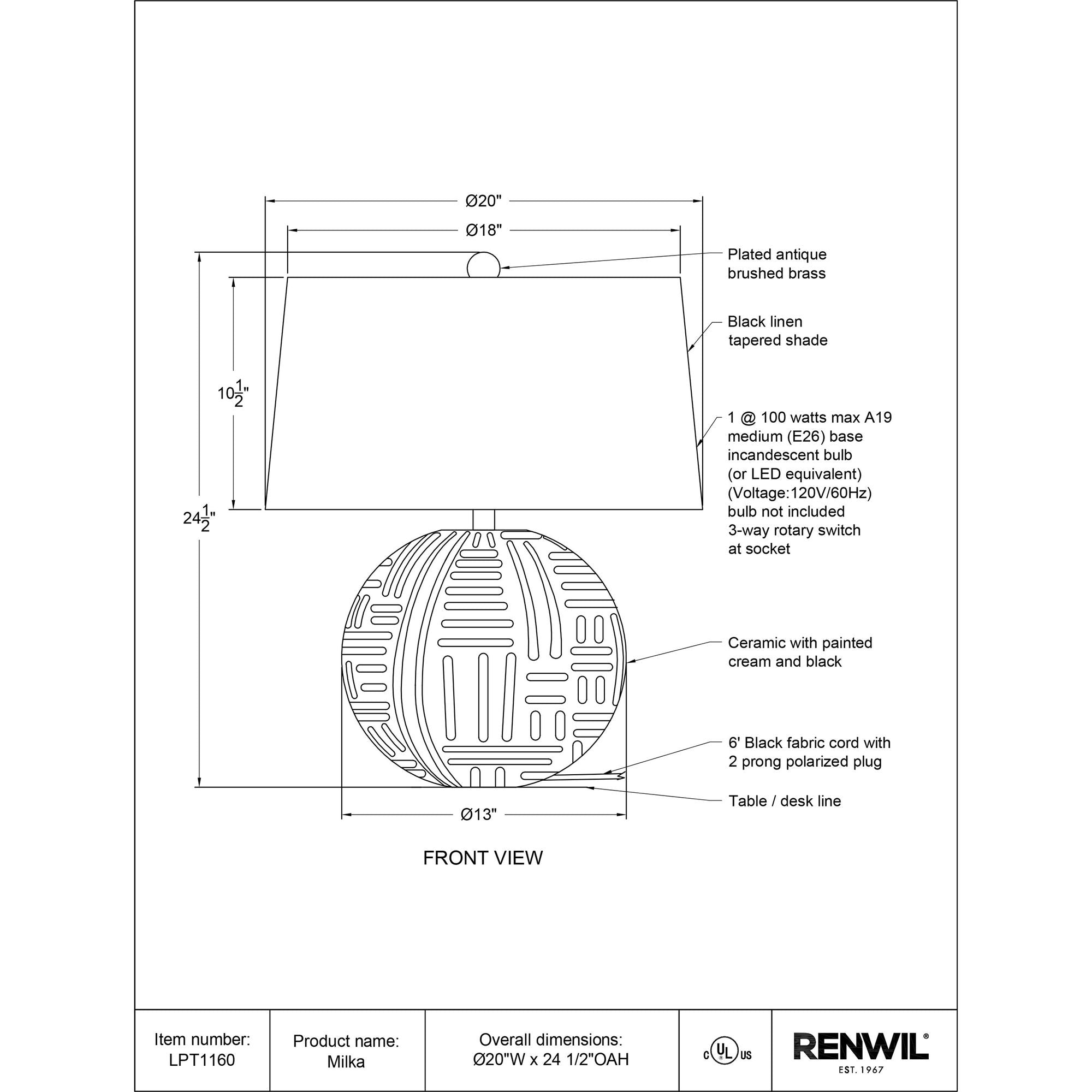 Milka table lamp technical drawing showing dimensions and details of the ceramic base and black linen shade.
