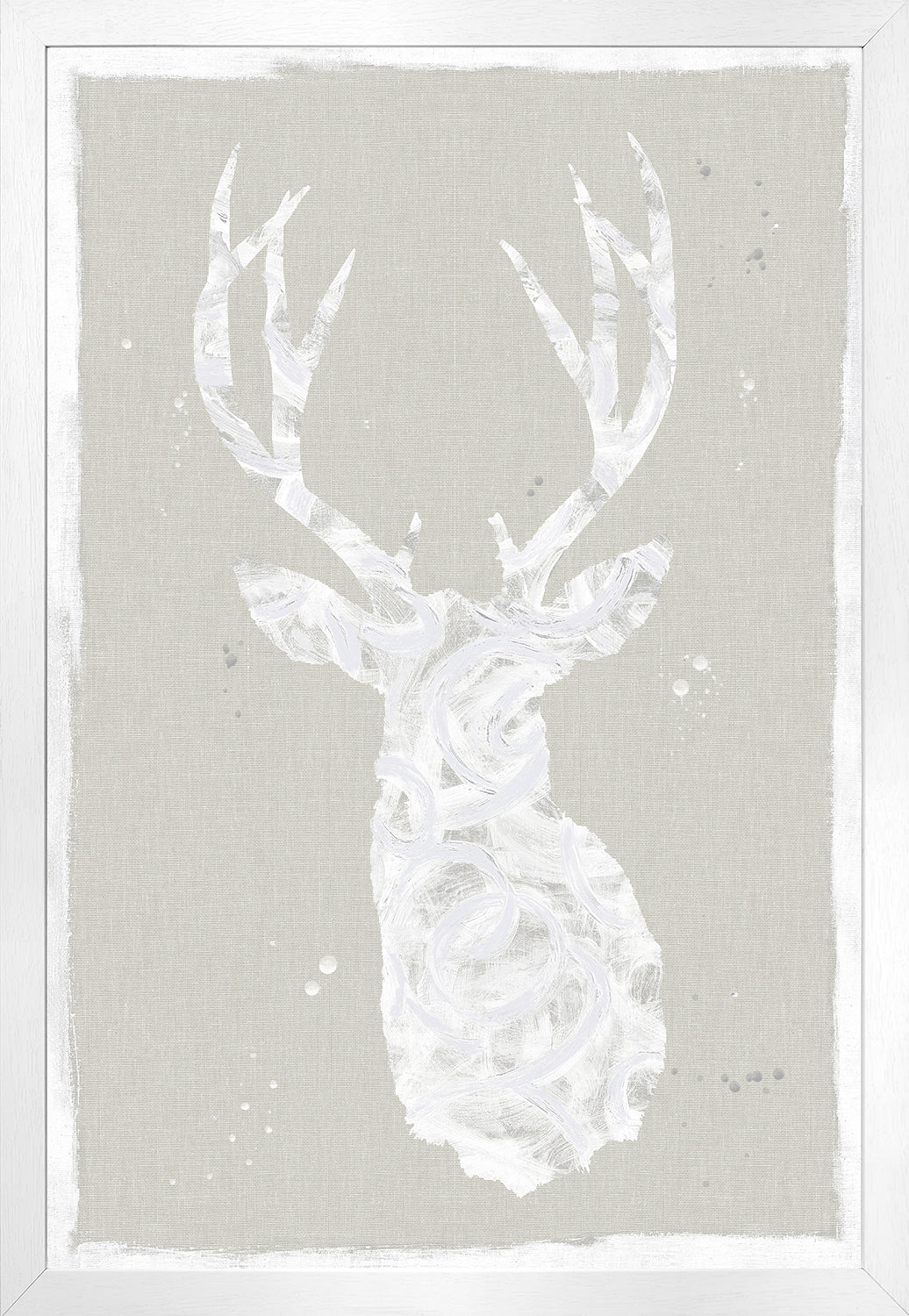 Stag – Silhouette I wall art featuring a white deer silhouette on a textured gray background.