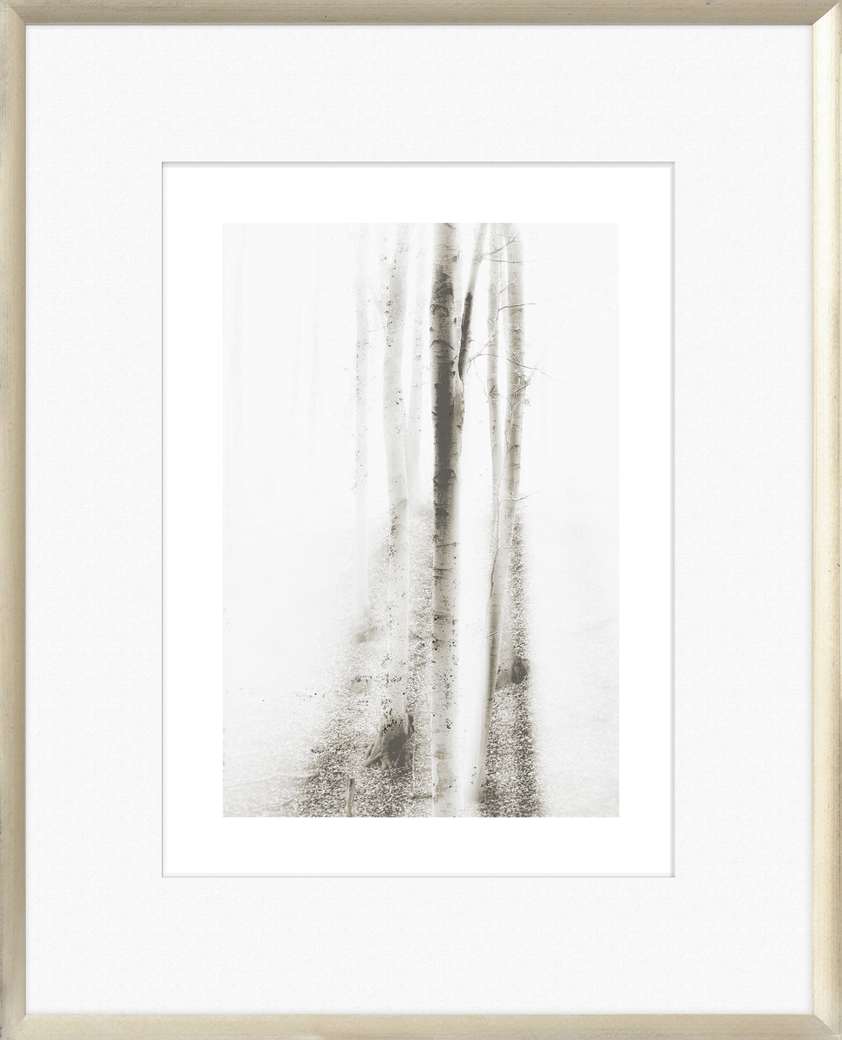 Taupe Aspect IV wall art featuring soft, blurred trees in a light color palette, framed in a light wood frame.