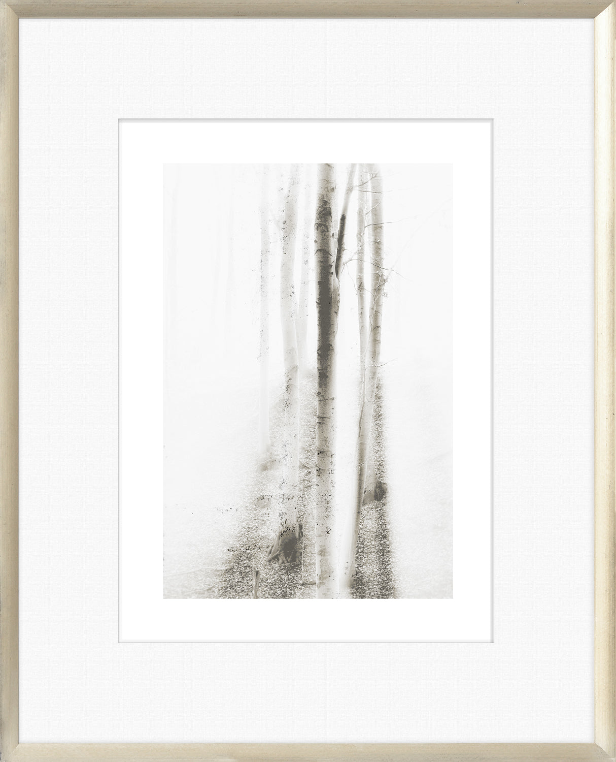 Taupe Aspect IV wall art featuring soft, blurred trees in a light color palette, framed in a light wood frame.