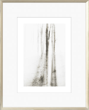 Taupe Aspect IV wall art featuring soft, blurred trees in a light color palette, framed in a light wood frame.