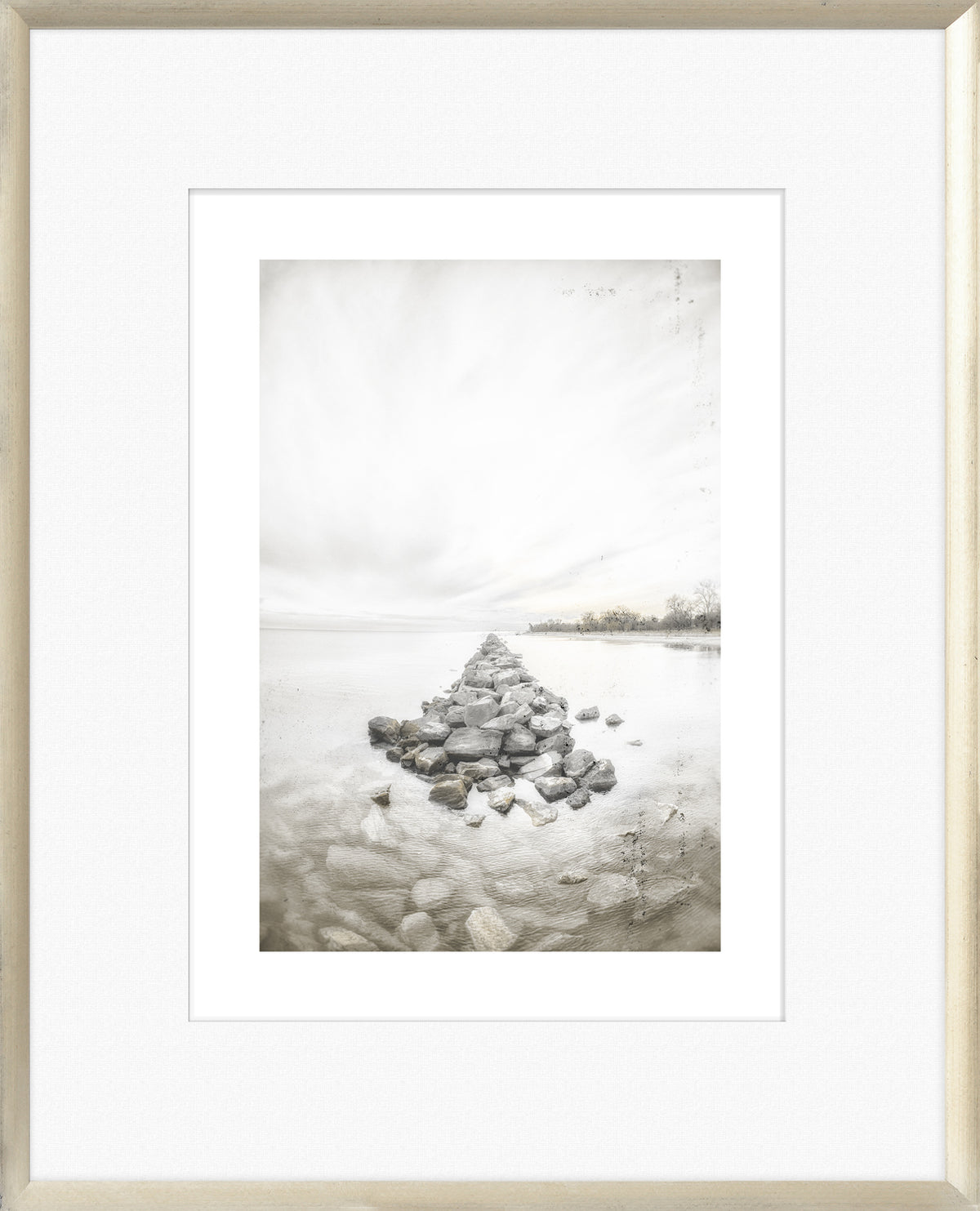 Taupe Aspect V wall art featuring a serene landscape with rocks extending into water.