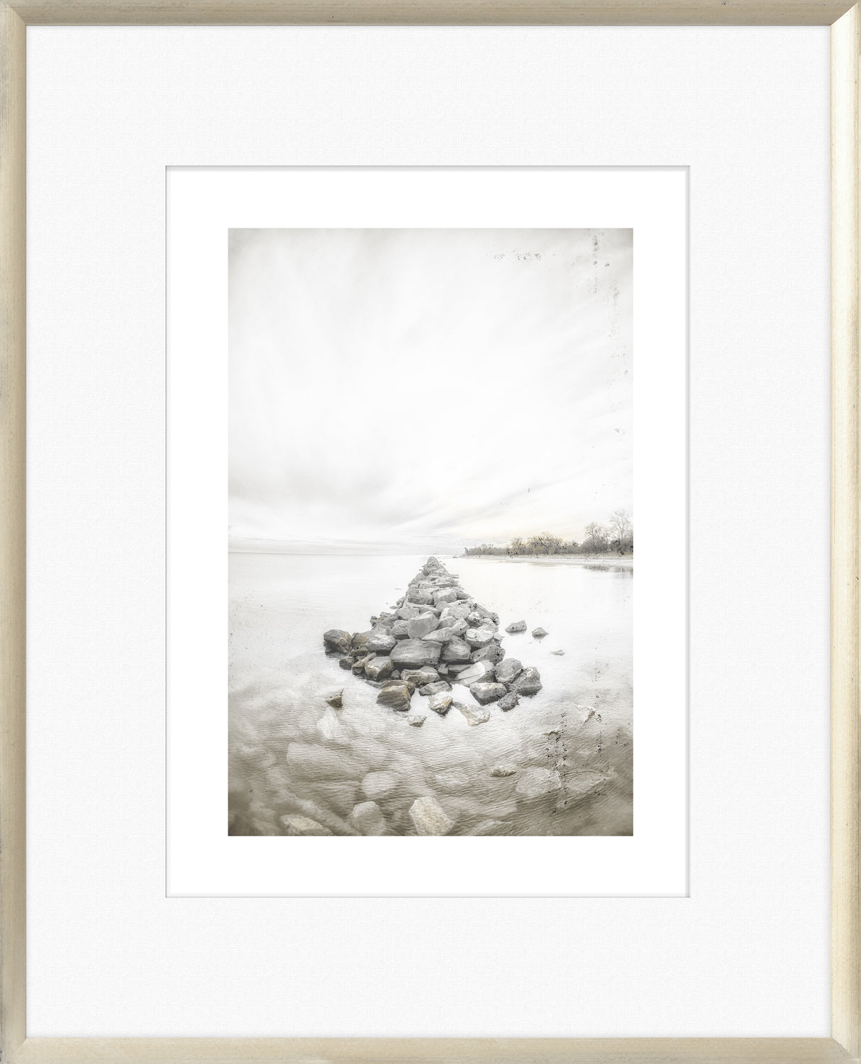 Taupe Aspect V wall art featuring a serene landscape with rocks extending into water.