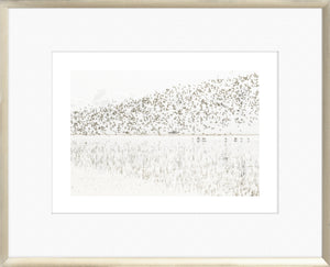 Taupe Aspect VII wall art featuring a flock of birds over a serene landscape in soft tones.