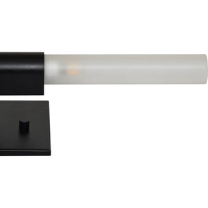 Lina wall sconce featuring a close-up view of the frosted glass tube and black base.