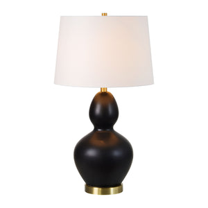 Kamilia Table Lamp Set showcasing a matte black finish and illuminated off-white shade.