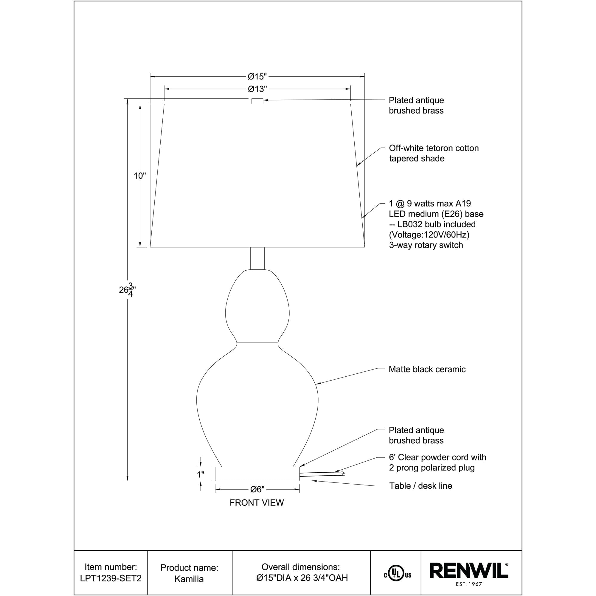 Kamilia Table Lamp Set technical drawing showing dimensions and materials used.