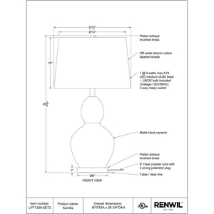 Kamilia Table Lamp Set technical drawing showing dimensions and materials used.